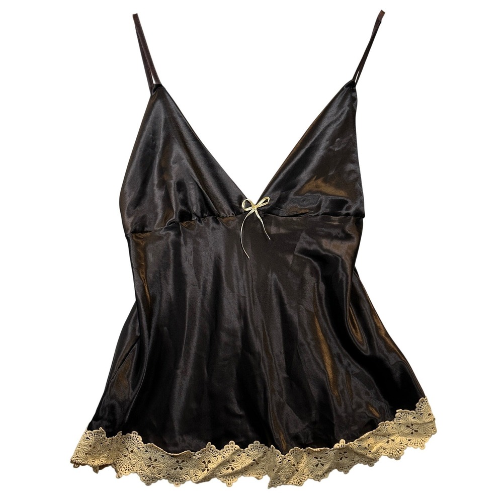 Vintage Dark Brown Satin Babydoll Camisole Lace Trim Bow Detail Coquette 90s Y2K
